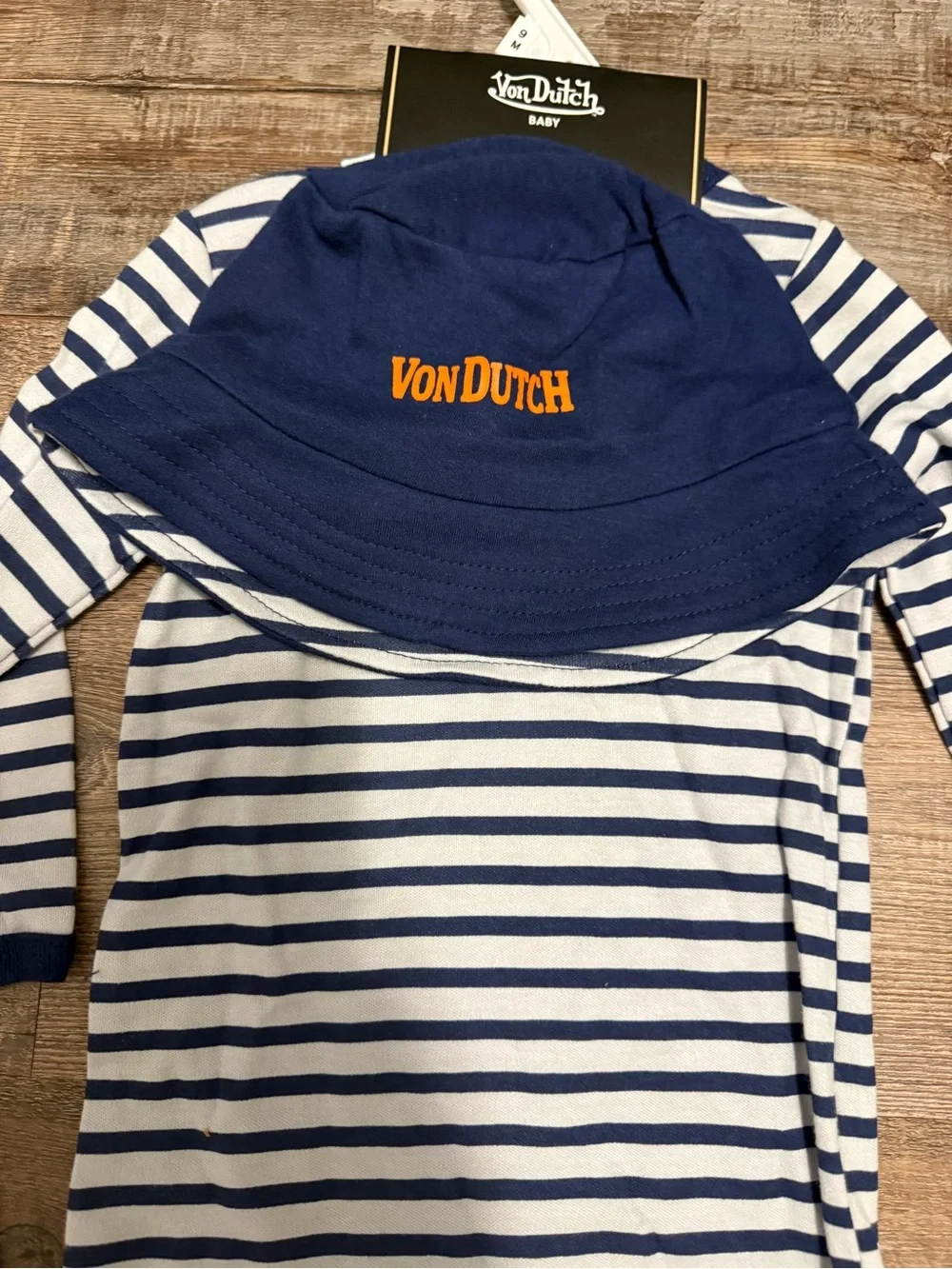 Von Dutch Navy & White Striped Footed One Piece with Matching Bucket Hat NWT 9 M